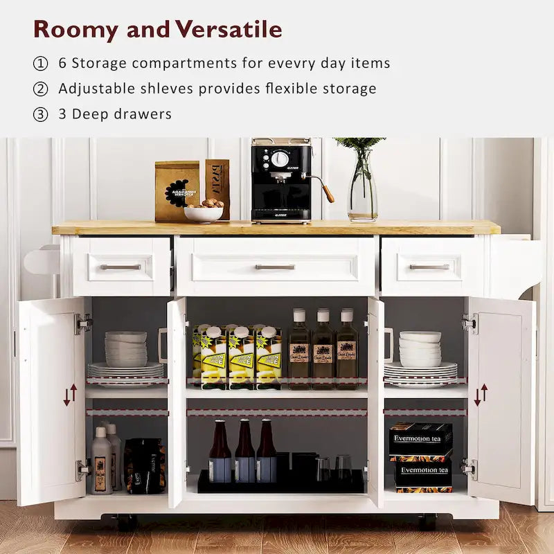 Grand îlot de cuisine avec rabat en bois, desserte de cuisine roulante texturée en relief avec portes et tiroirs avec rangement pour la cuisine, blanc