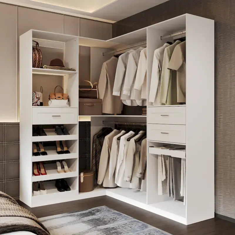 Armoire d'angle avec 2 tringles, un porte-pantalons et un rangement à chaussures
