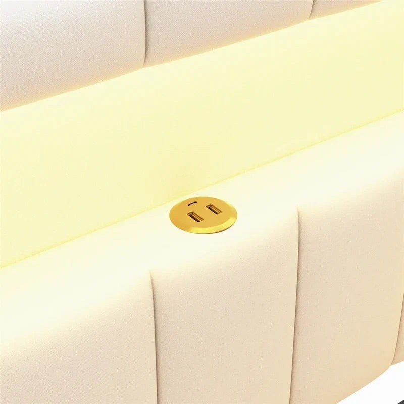 Lit plateforme rembourré avec ports USB et éclairage LED - Cadre de lit double/simple avec 2 tiroirs de rangement - Chambre à coucher moderne