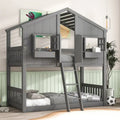 Lit superposé cabane jumeau sur jumeau avec toit, fenêtre, jardinière, porte, barrières de sécurité et échelle, gris