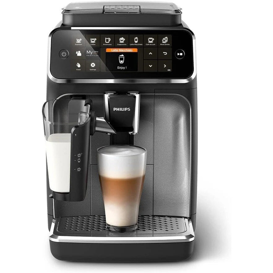 Machine à café expresso haut de gamme, 12 cafés chauds/froids, système LatteGo, broyeur céramique, chrome noir