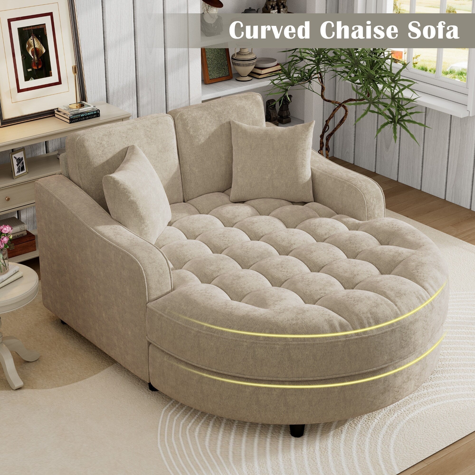 Canapé-lit Chenille avec dossier touffeté et 2 oreillers détachables pour le salon