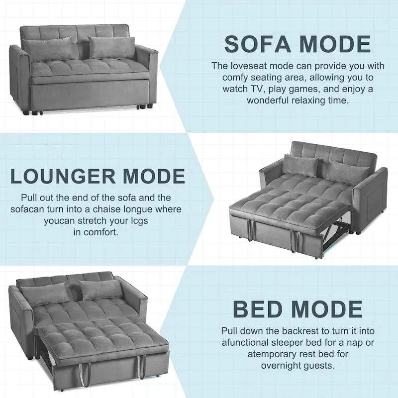 Causeuse moderne en velours avec dossier inclinable et poches, 2 places – Gris foncé / Gris clair / Bleu / Noir