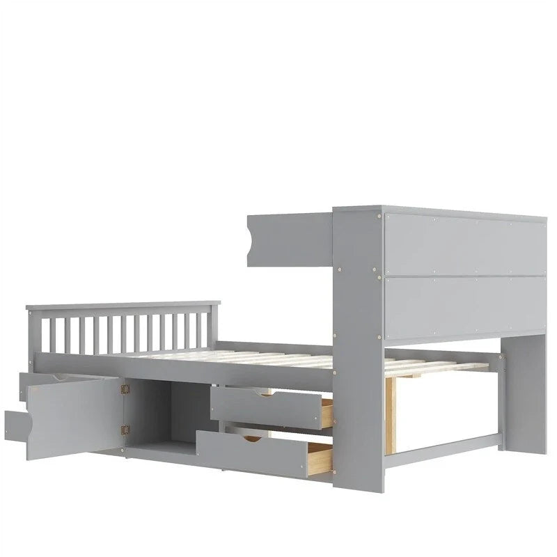 Lit plateforme capitaine double/grand avec 4 tiroirs et étagères de rangement, cadre de lit en bois massif avec tête de lit bibliothèque de rangement