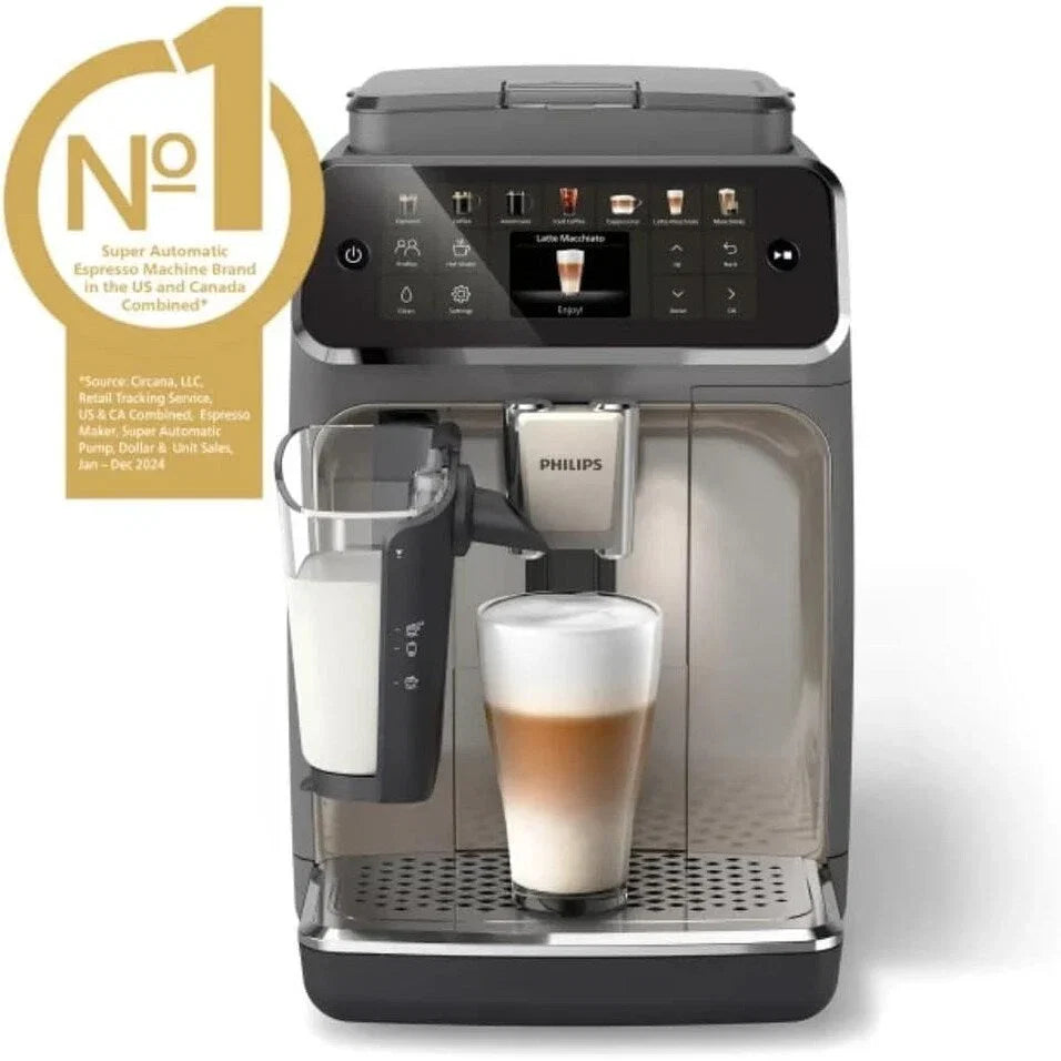Machine à café expresso haut de gamme, 12 cafés chauds/froids, système LatteGo, broyeur céramique, chrome noir
