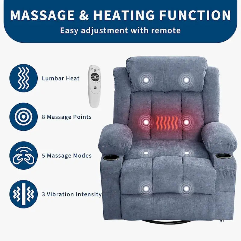 Fauteuil inclinable, Fauteuils à bascule avec massage et chauffage, Poches latérales et porte-gobelet