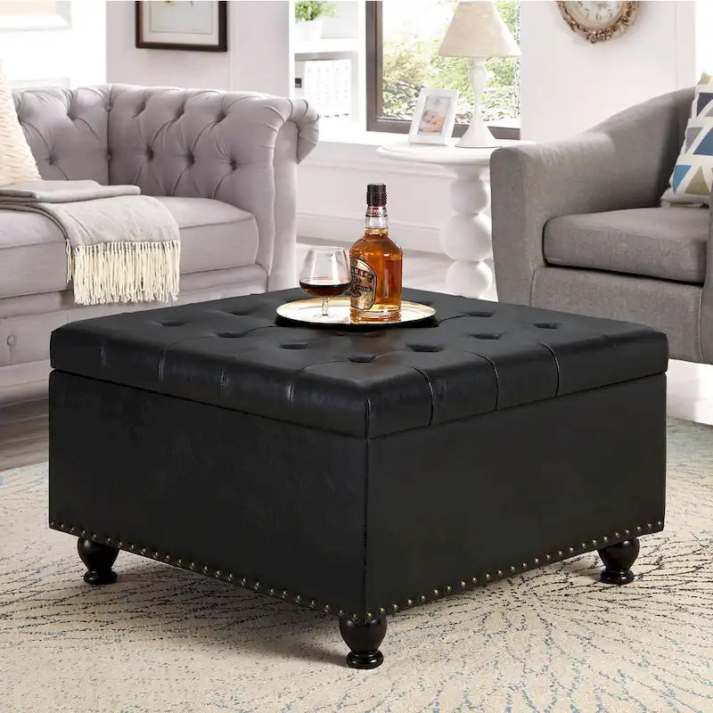 Grand pouf de rangement carré avec pieds en bois