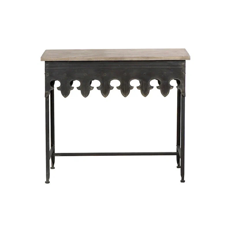 Console en métal finition zinc et bois à bord festonné