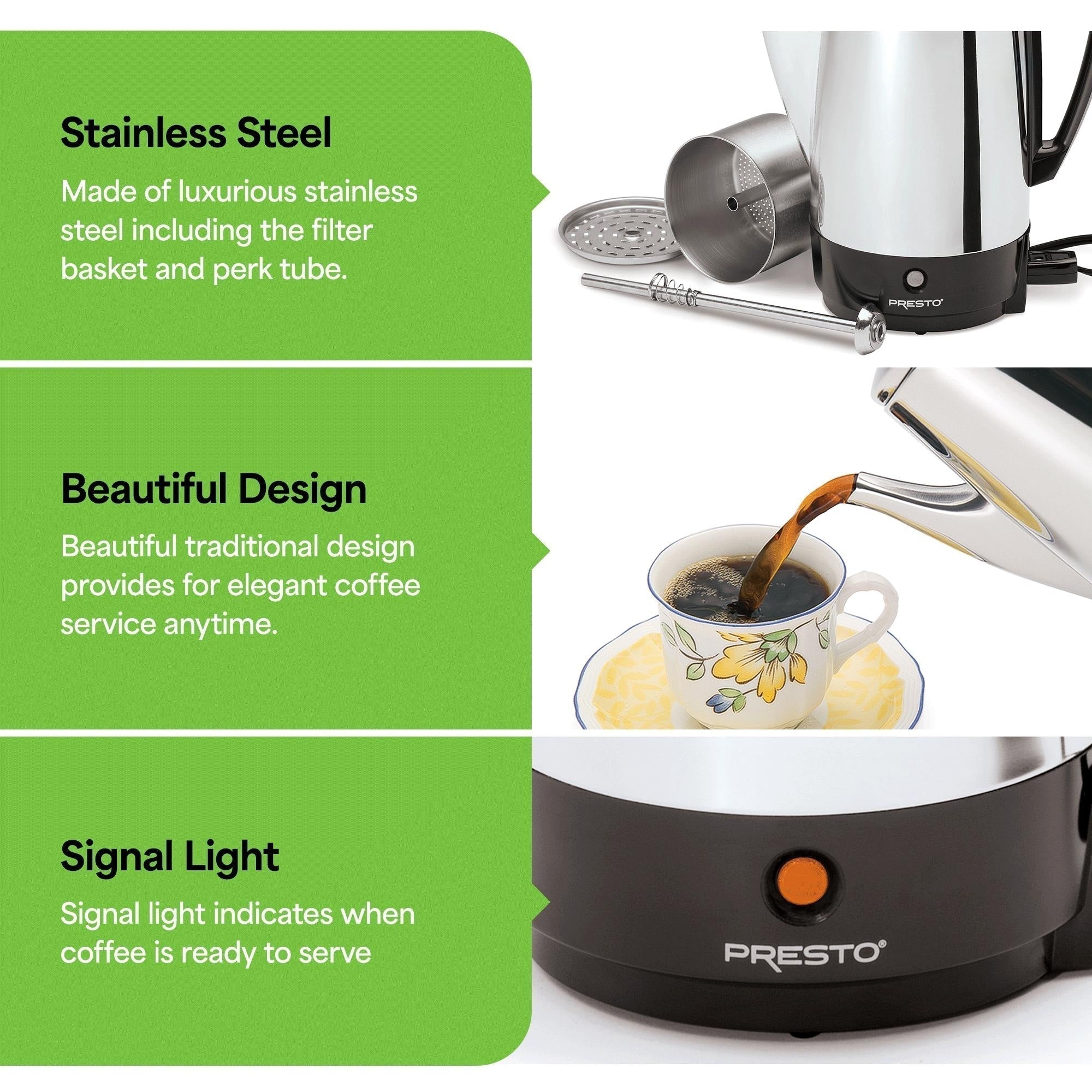 Cafetière à percolateur Presto en acier inoxydable, 12 tasses, robuste, argent - 2.79