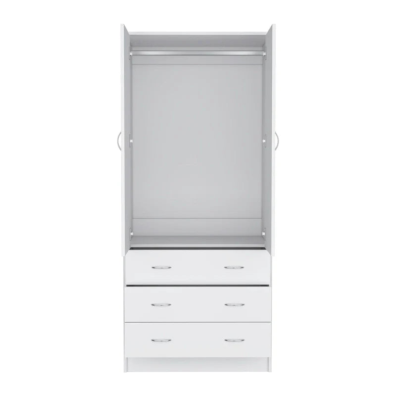 19 Armoire moderne à deux portes avec 3 tiroirs et 1 tringle de penderie pour chambre à coucher