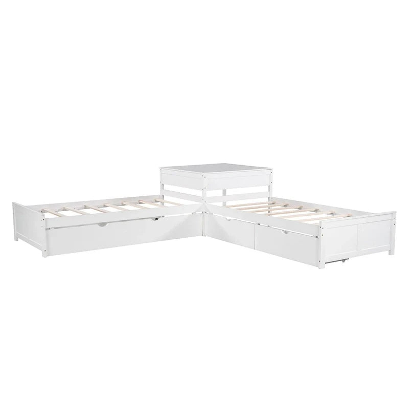 Lit plateforme en L moderne blanc de taille double avec lit gigogne et tiroirs pour chambre à coucher