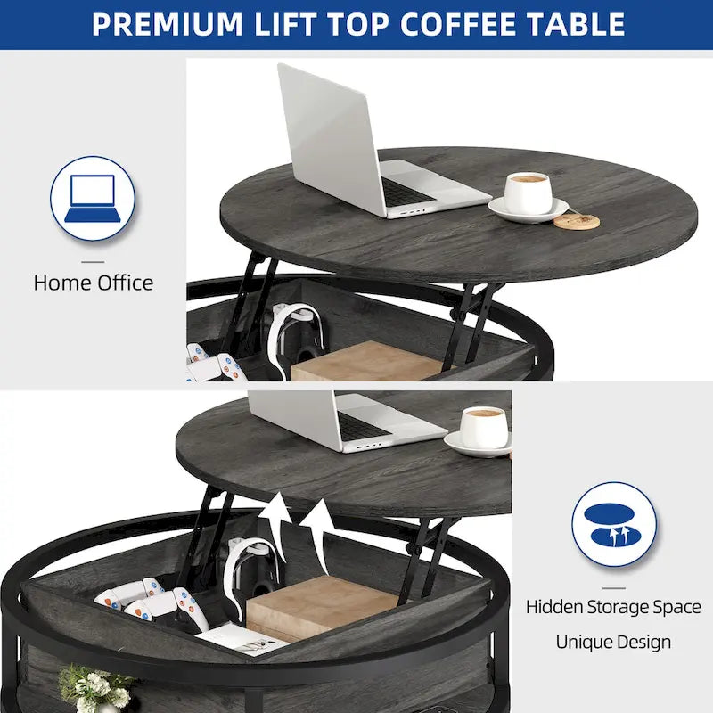 Table basse ronde relevable Moasis Farmhouse avec rangement dissimulé et étagère