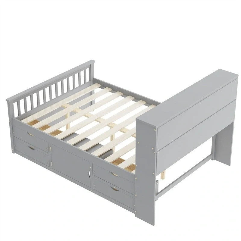 Lit plateforme capitaine double/grand avec 4 tiroirs et étagères de rangement, cadre de lit en bois massif avec tête de lit bibliothèque de rangement